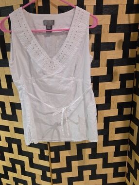 LOVIDA White V-Neck Embellished Cotton Camisole with Tie Waist